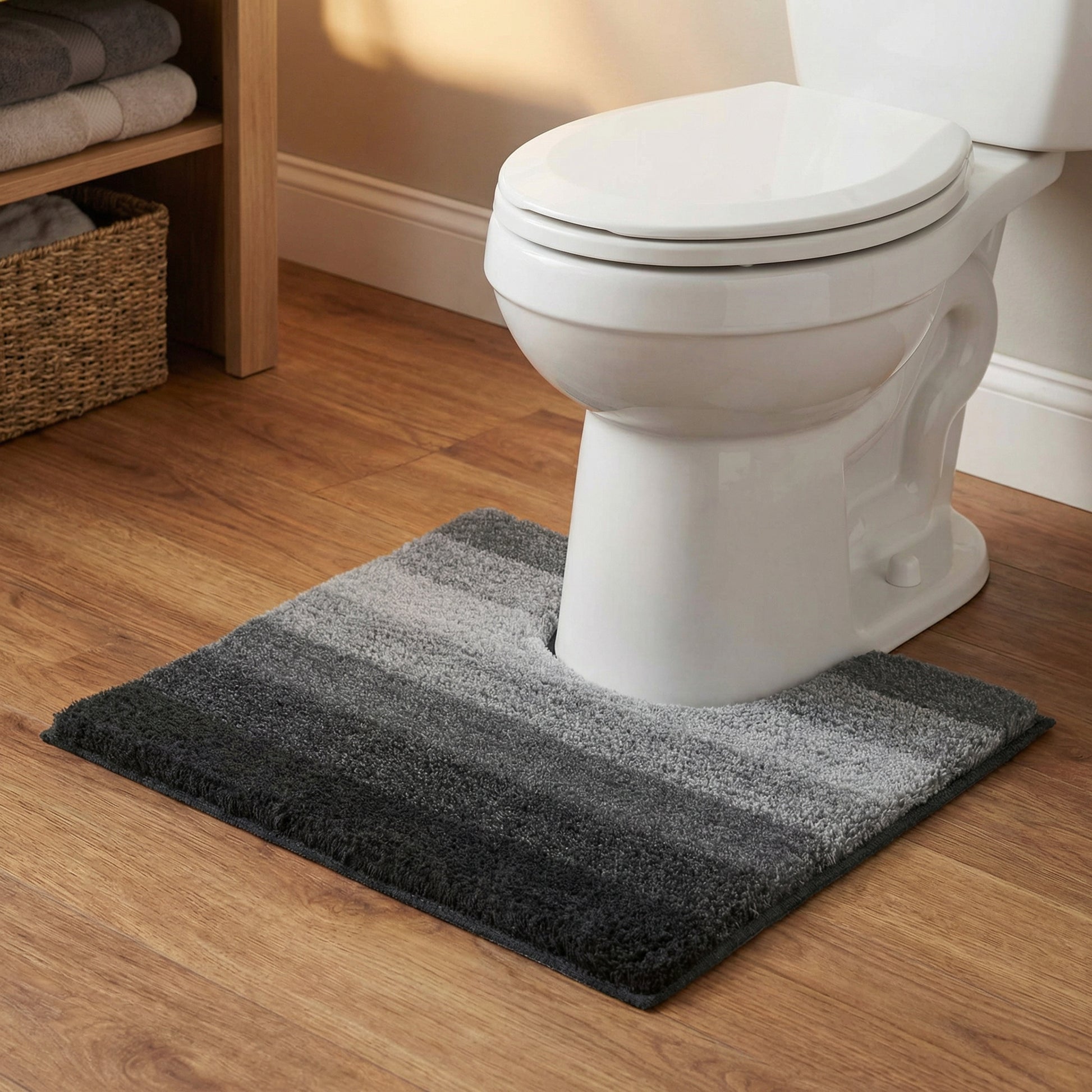 Grauer WC-Vorleger mit Farbverlauf um weißen Toilettensockel auf Holzboden