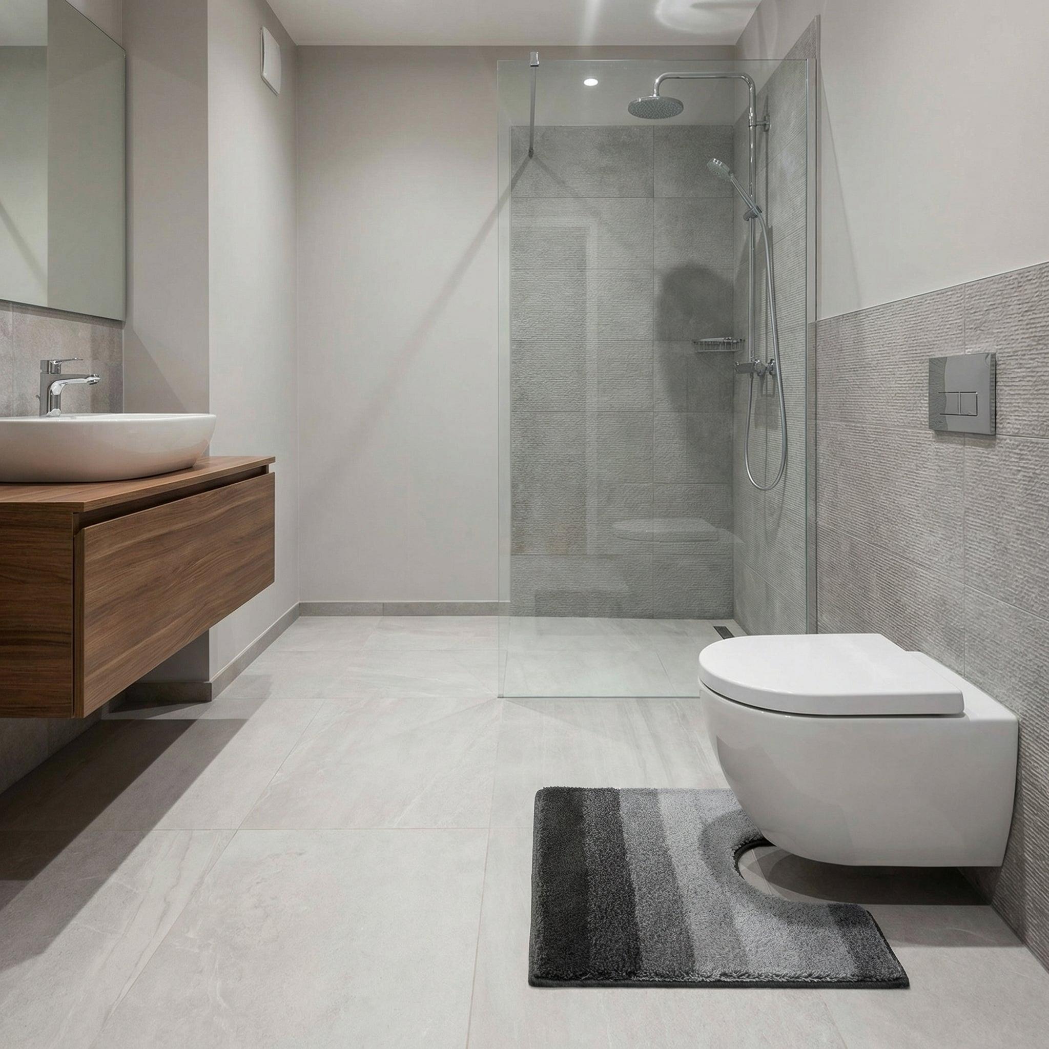 Modernes Bad mit bodenloser Glasdusche, Hängetoilette und Teppich