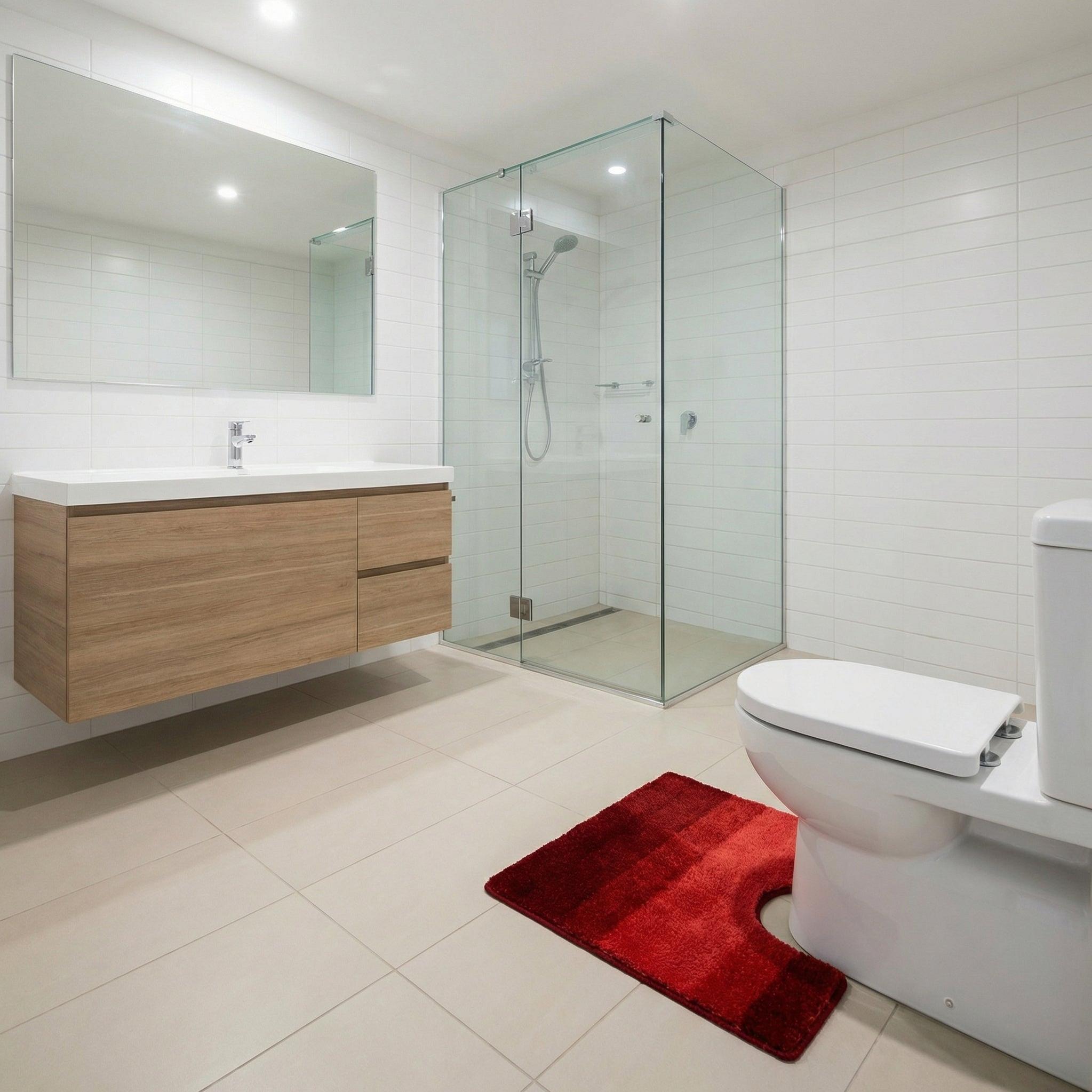 Modernes Bad mit Glasdusche, Holzwaschtisch, WC und rotem Teppich