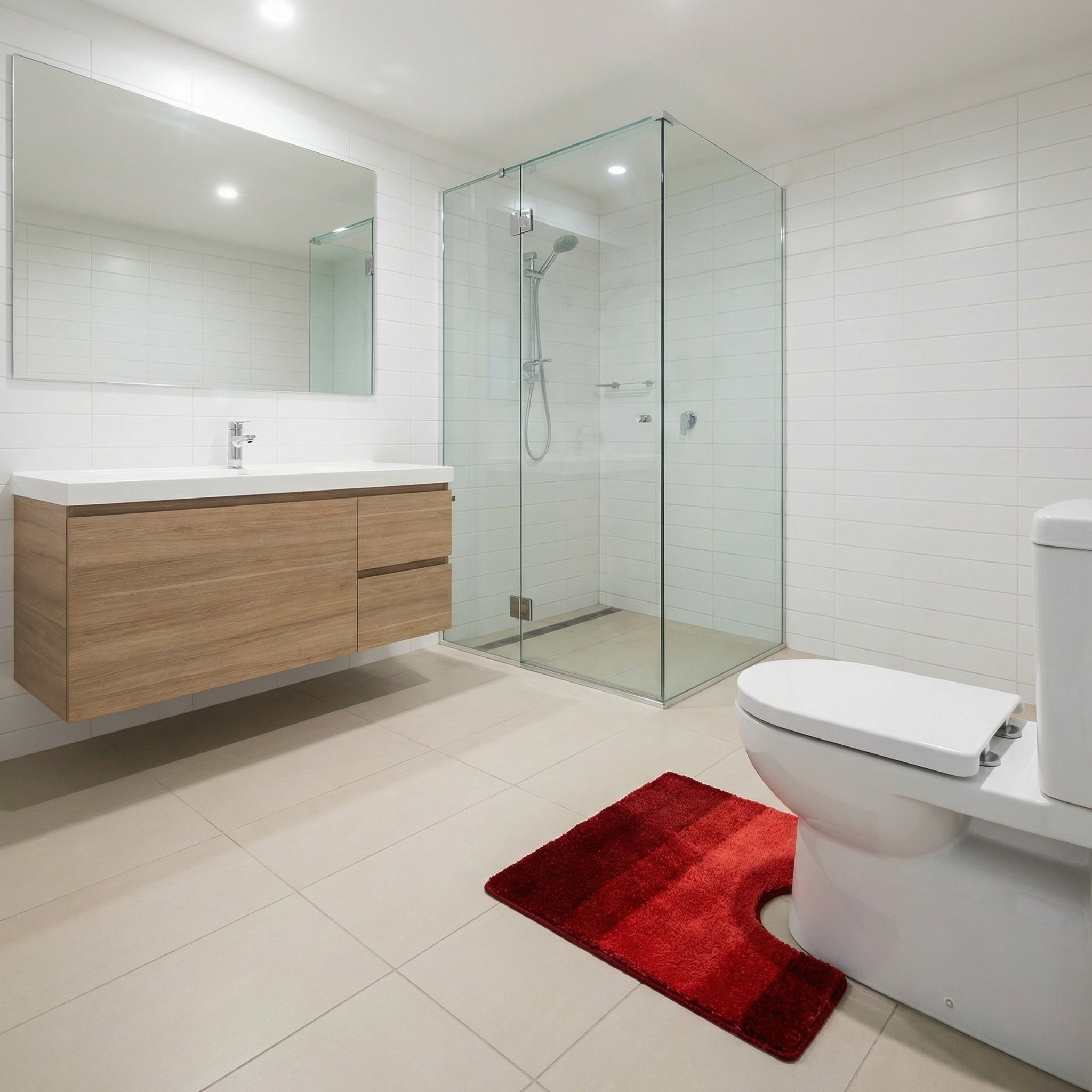 Modernes Bad mit Glasdusche, Holzwaschtisch, WC und rotem Teppich