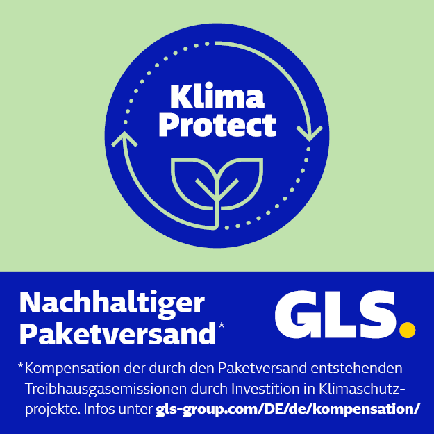 GLS Logo mit Klima Protect Symbol und Hinweis auf nachhaltigen, kompensierten Paketversand.