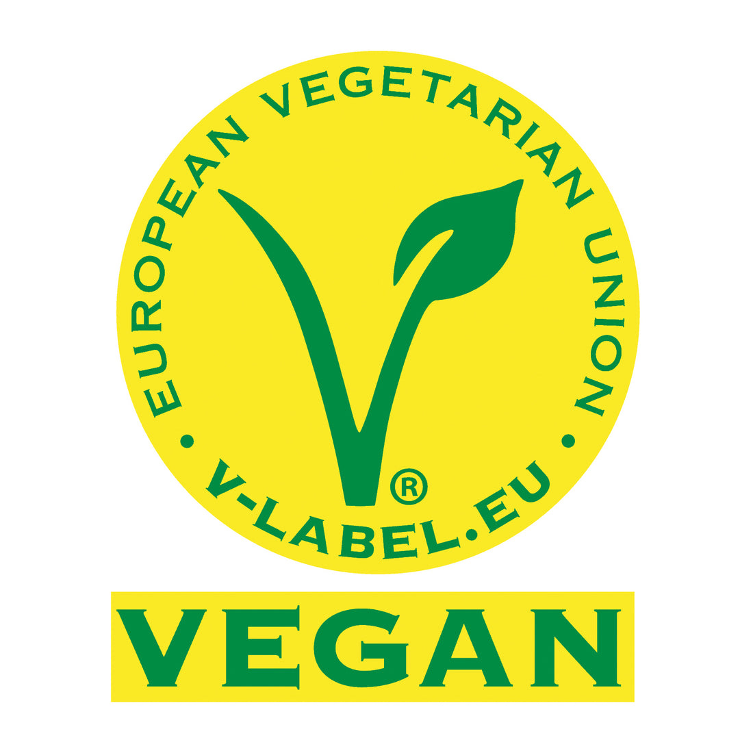 Das Bild zeigt das gelbe Vegan-Siegel der European Vegetarian Union mit grünem V-Label.