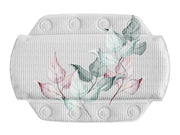 Nackenkissen für Badewanne mit floralem Blättermotiv in Rosa und Grün.