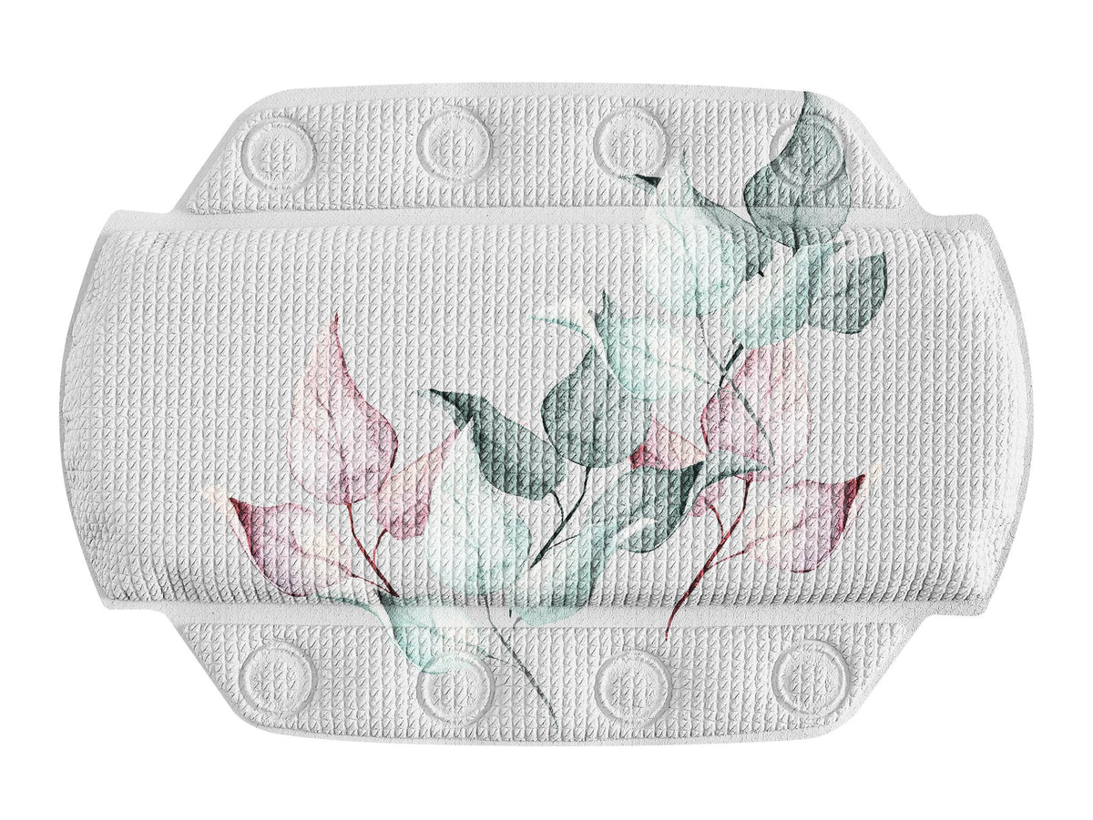 Nackenkissen für Badewanne mit floralem Blättermotiv in Rosa und Grün.