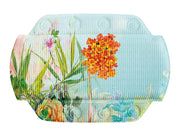 Hellblaues Nackenpolster mit floralem Muster und orangefarbener Blüte.