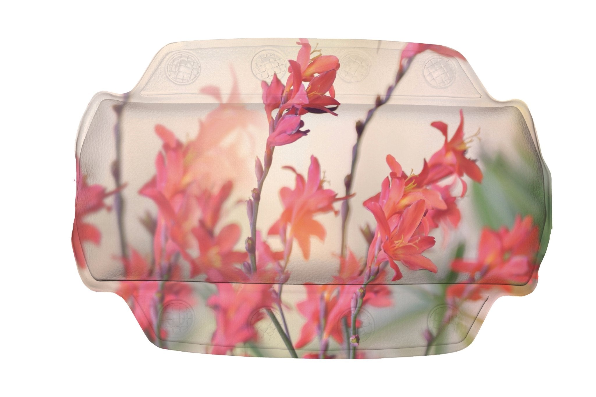 Nackenpolster KOLIBRI Multicolor mit rosa Blütenmotiv wird frontal vor hellem Hintergrund gezeigt.