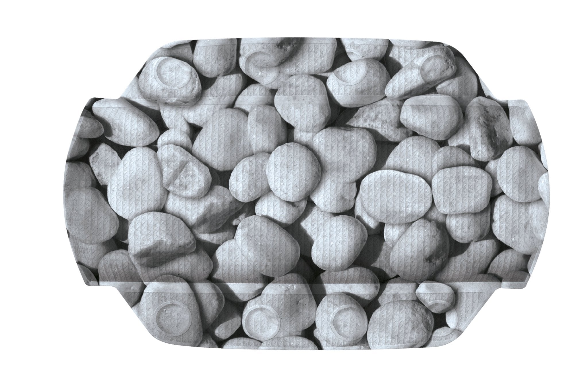 Grauweißes Nackenpolster STEPSTONE mit Kieselsteinmotiv in rechteckiger Form von oben gesehen.
