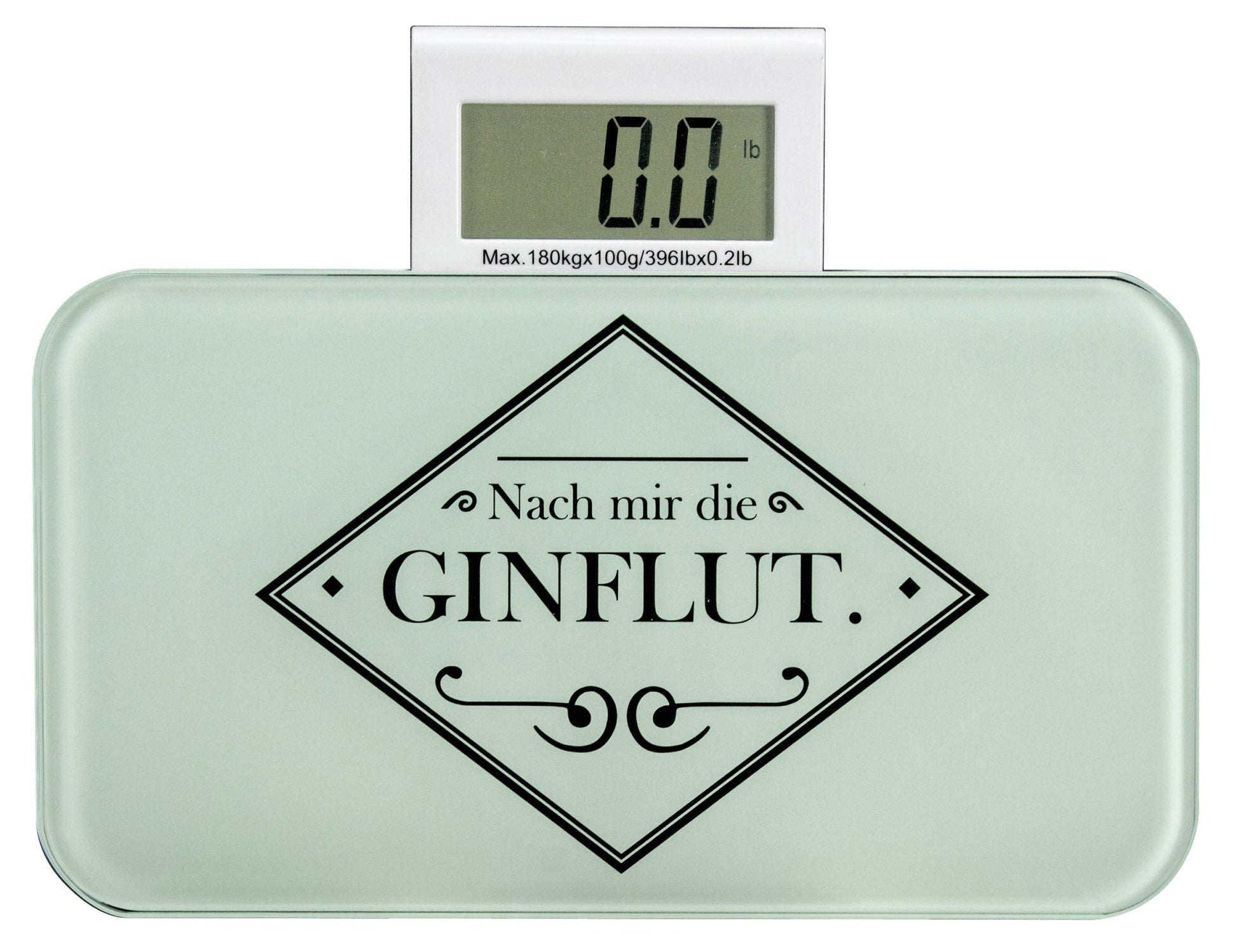 Digitale Personenwaage aus Glas mit Aufschrift Nach mir die Ginflut