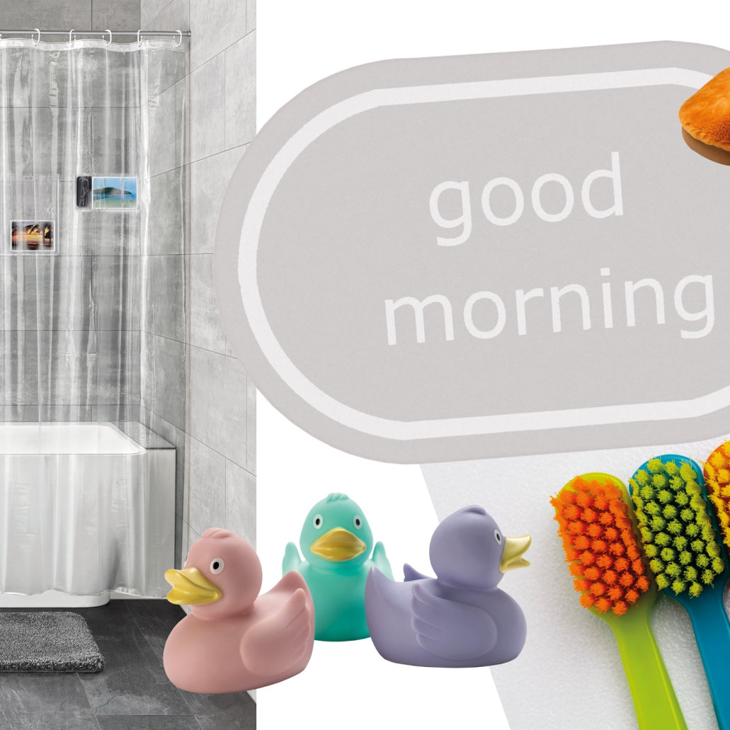 Modernes Bad mit Duschvorhang, Badematte good morning, Quietscheenten und bunten Zahnbürsten.