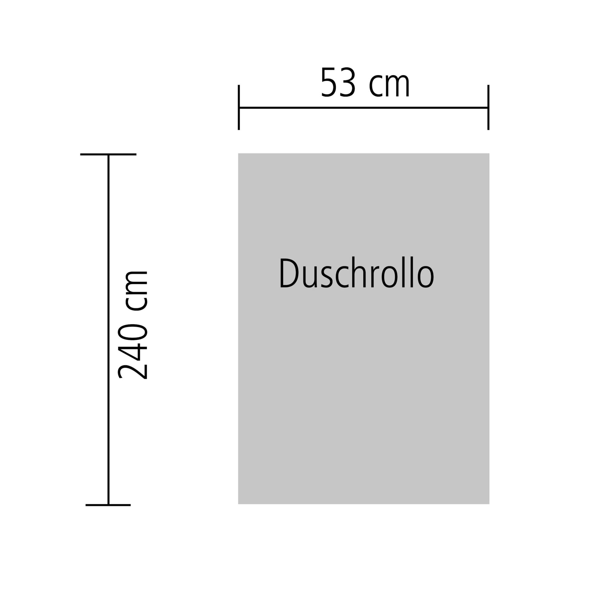 Grauer schmaler Duschrollo 53 x 240 cm für kleine Leerkassette in Frontansicht dargestellt.
