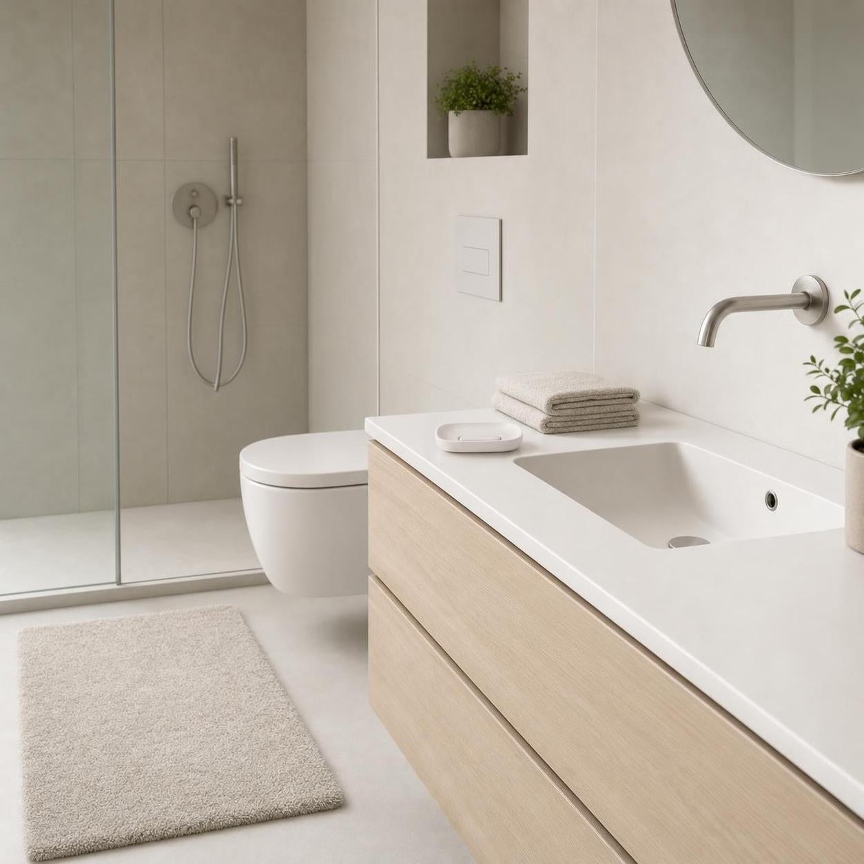 Beige Badematte liegt vor Dusche und Waschtisch im modernen Bad.