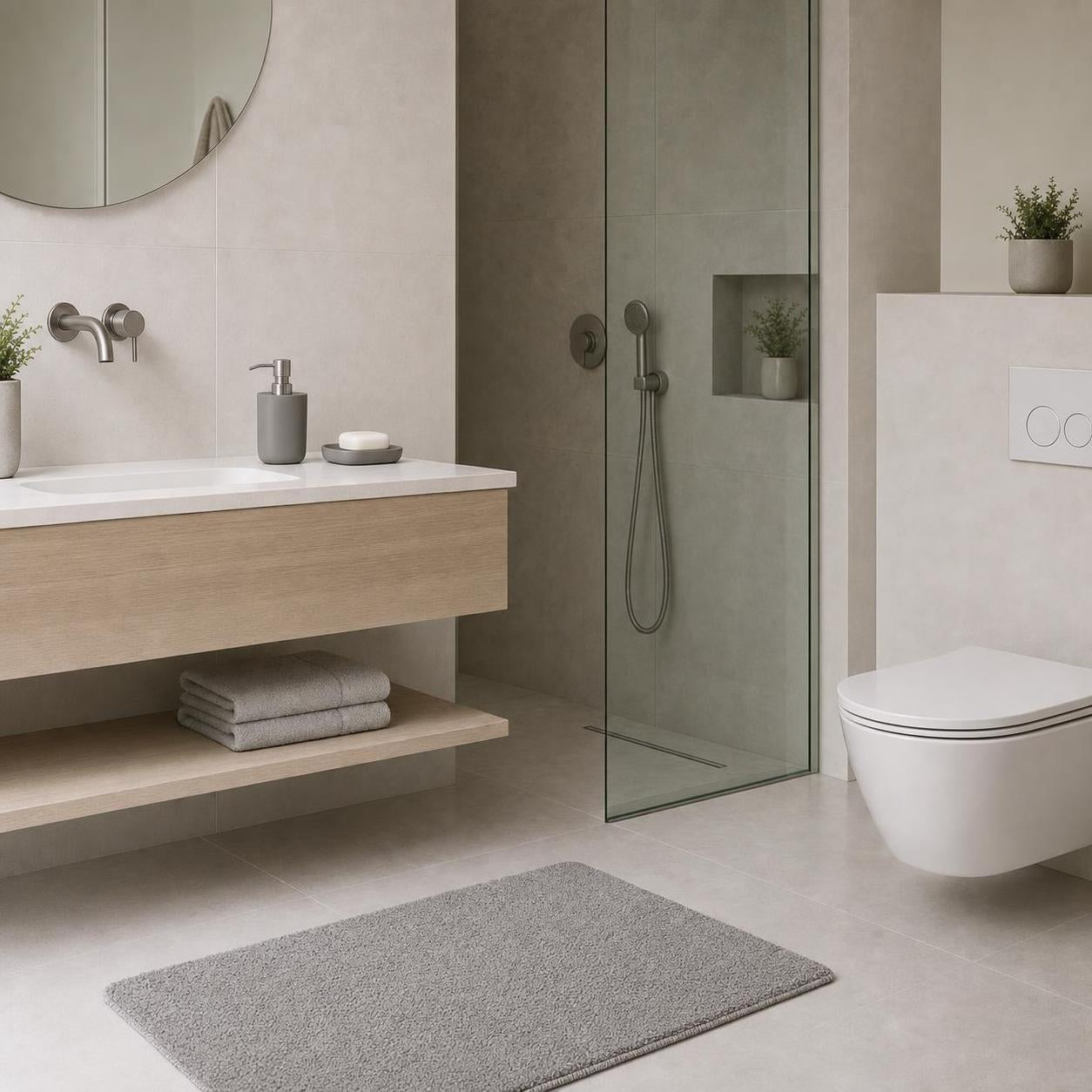 Graue Badematte liegt vor Waschtisch und Dusche im modernen Bad.