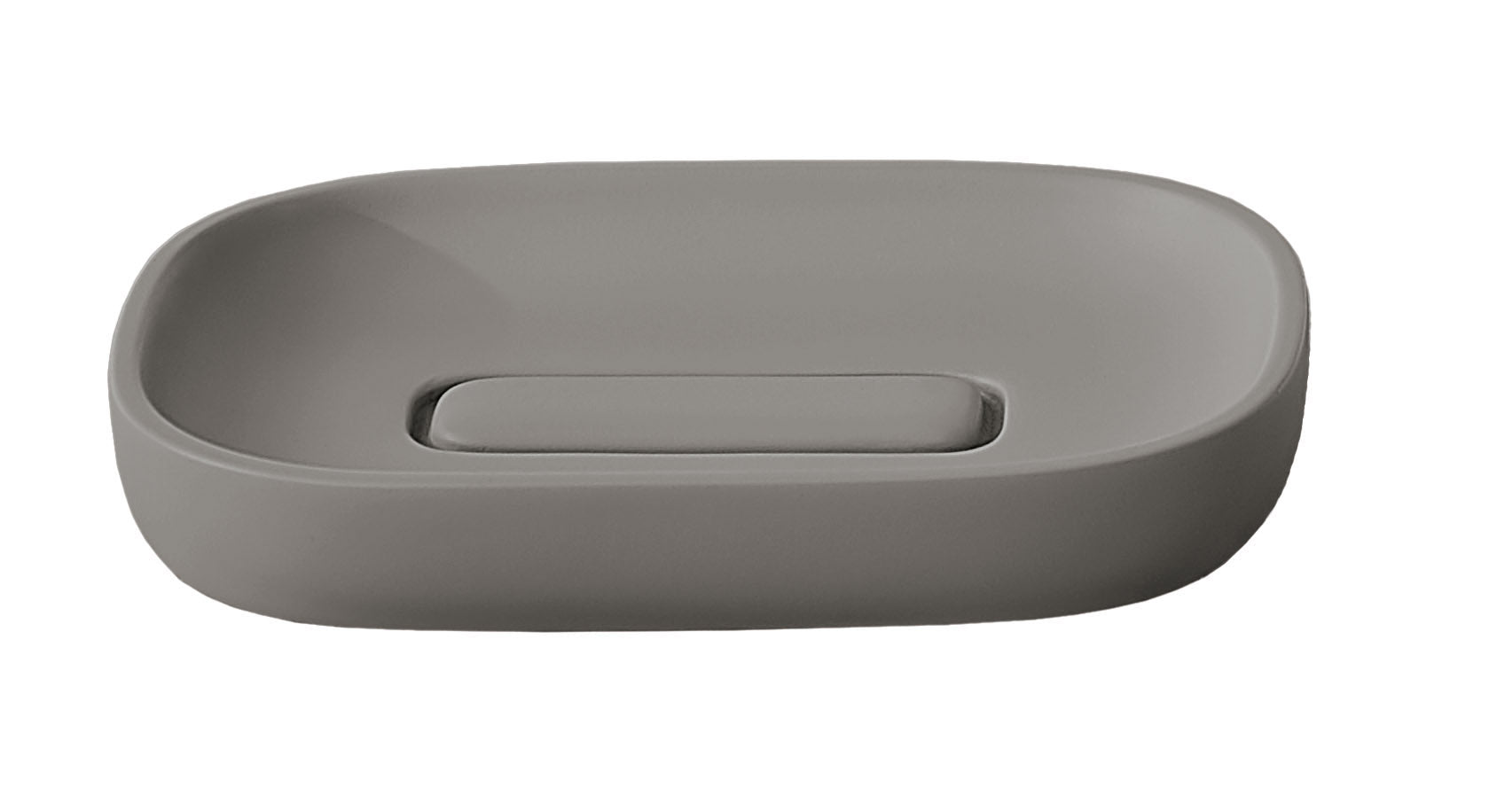 Seifenschale ALITA Schiefer in dunklem Grau aus Keramik steht leer vor weißem Hintergrund.