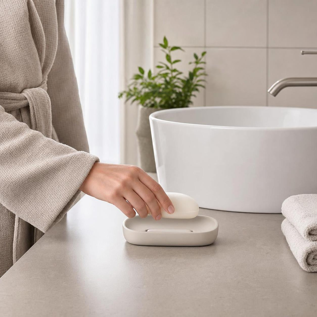 Eine Hand legt Seife in eine beige Seifenschale am Waschbecken.