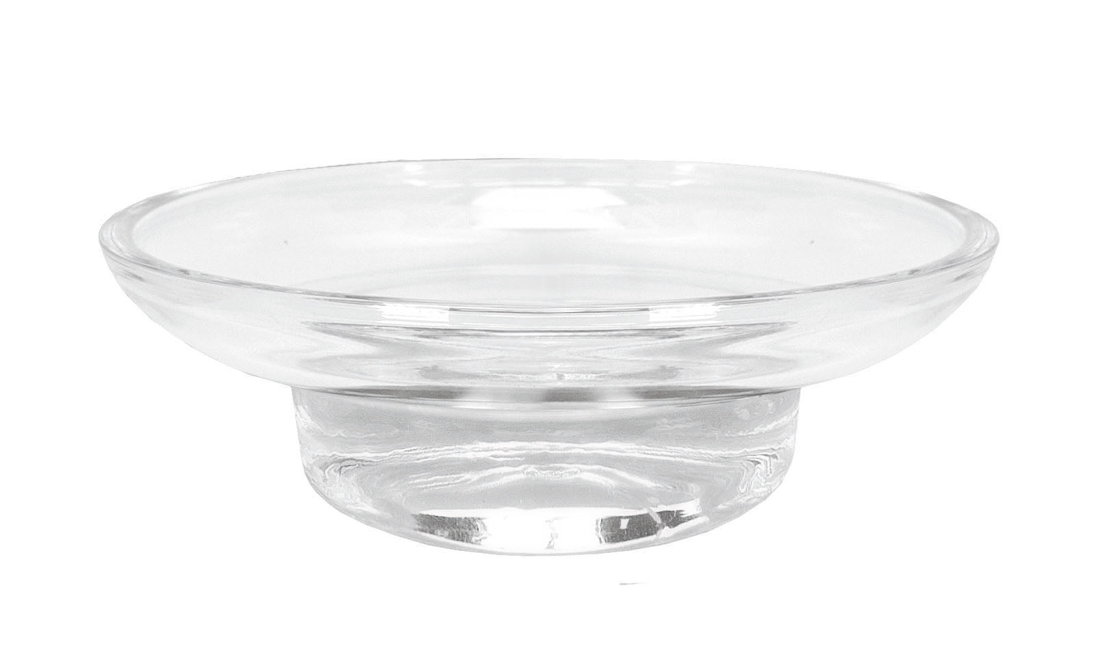 Transparente Seifenschale ALLEGRA Clear aus Glas steht leer vor weißem Hintergrund.