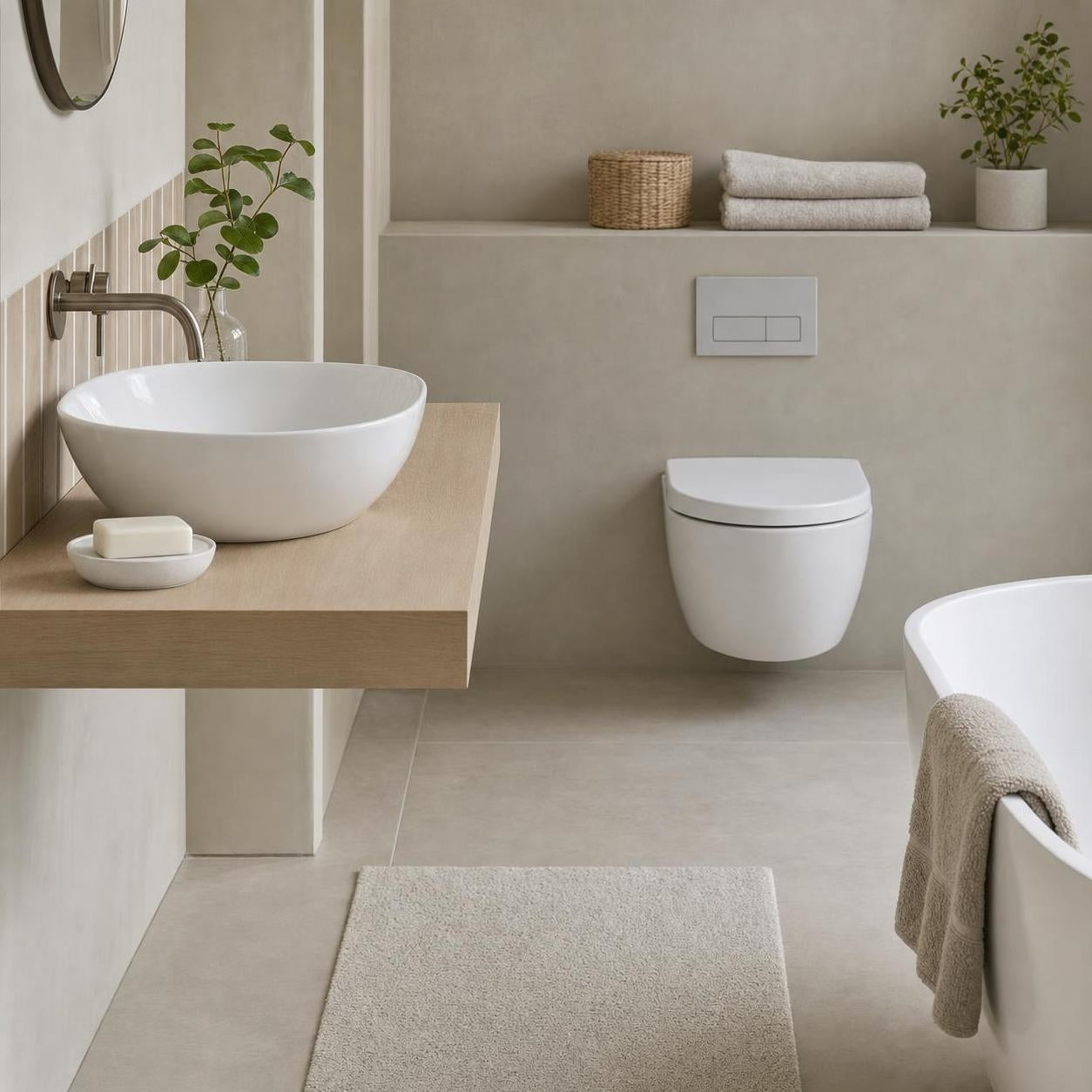 Beiger Badteppich liegt vor Waschbecken, WC und Badewanne im hellen Bad.