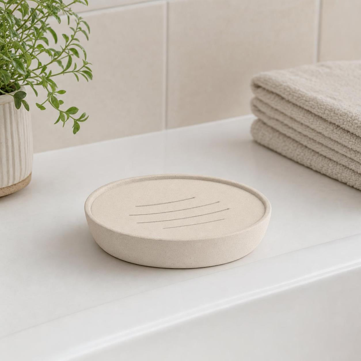 Beige Seifenschale steht auf dem Waschbecken neben Pflanze und Handtüchern.