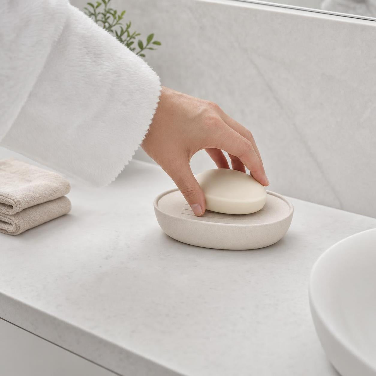 Eine Hand legt ein Seifenstück auf eine beige Seifenschale im Bad.