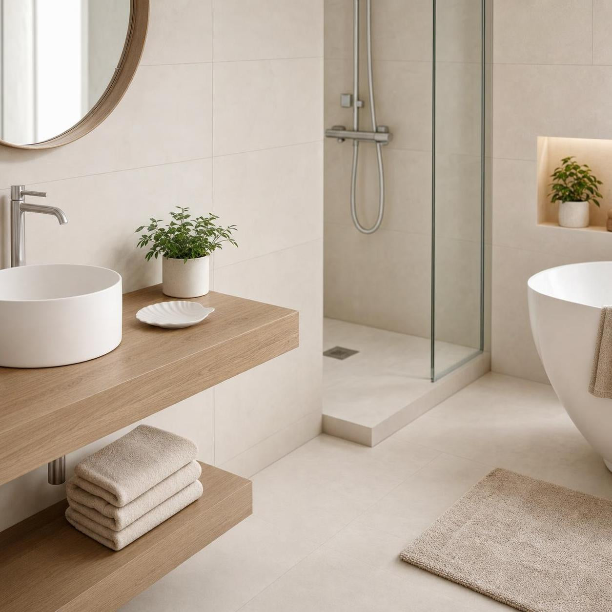 Modernes Bad mit Holzwaschtisch, Glasdusche und freistehender Wanne.