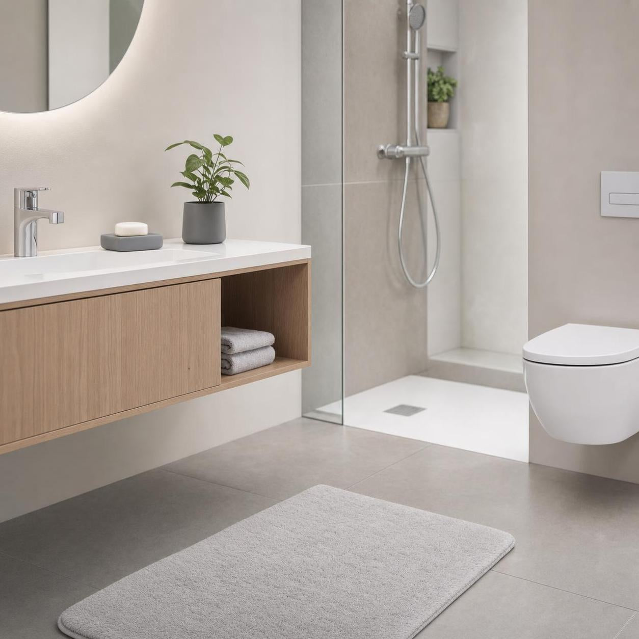 Graue Badematte liegt vor Dusche und Waschtisch im modernen Bad.