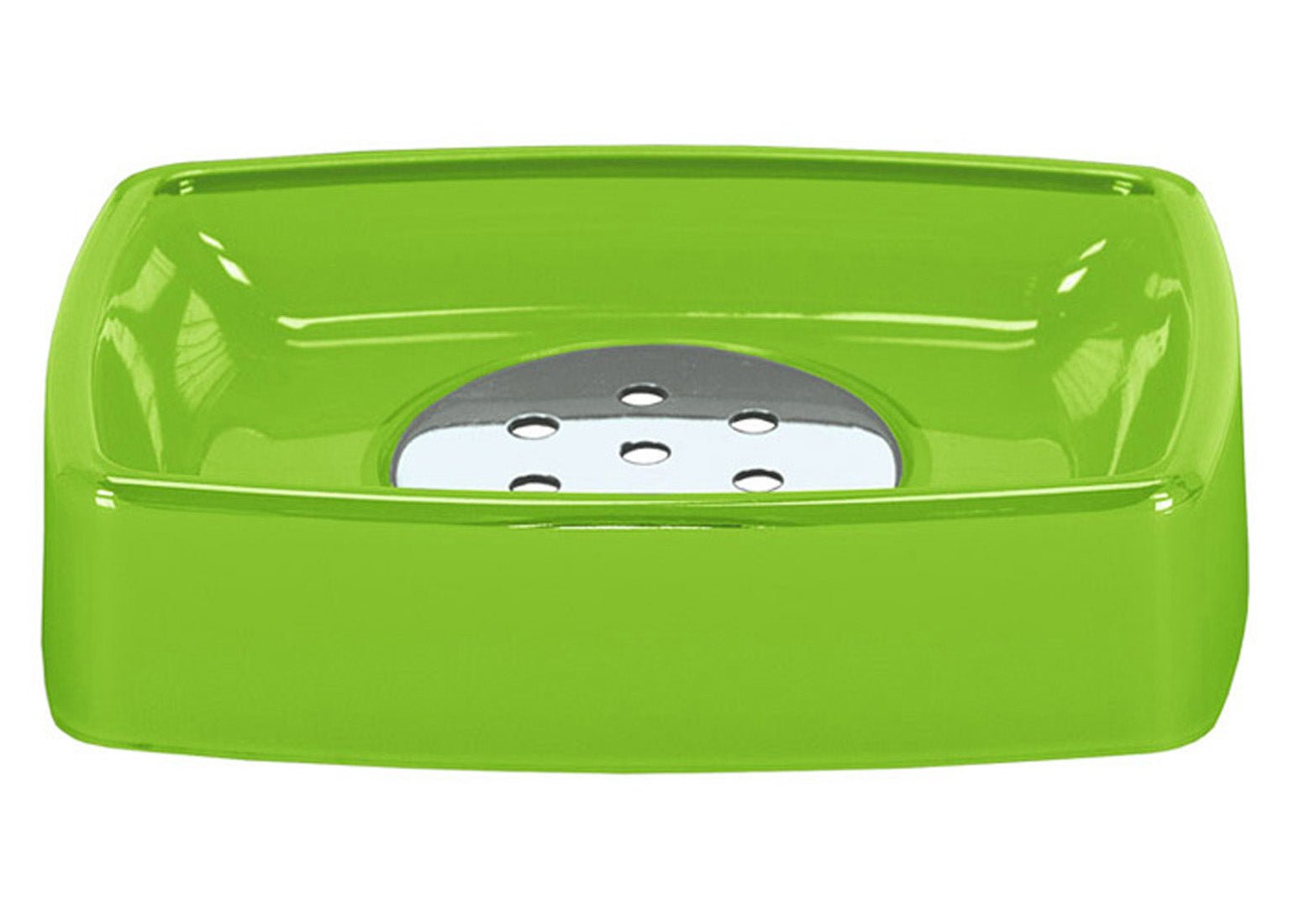 Die Seifenschale EASY Grün aus Kunststoff mit Einsatz wird frontal freigestellt gezeigt.