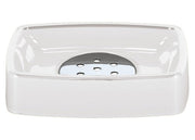 Die Seifenschale EASY in Schneeweiß mit Einsatz aus Metall ist frontal vor weißem Hintergrund zu sehen.