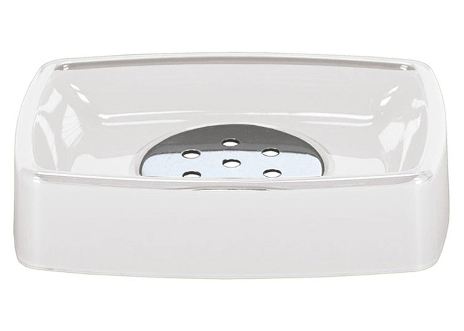 Die Seifenschale EASY in Schneeweiß mit Einsatz aus Metall ist frontal vor weißem Hintergrund zu sehen.