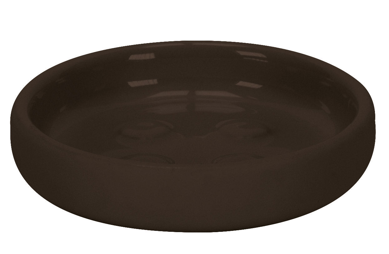 Runde Seifenschale ECLIPSE in Nussbraun liegt leer auf einer neutralen Fläche.