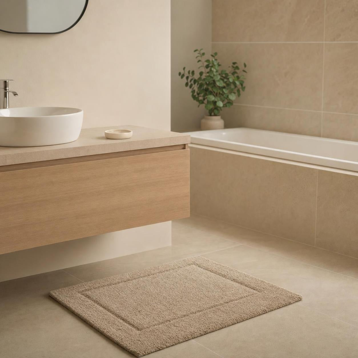 Beige Badematte liegt vor einem Holzwaschtisch im modernen Bad.