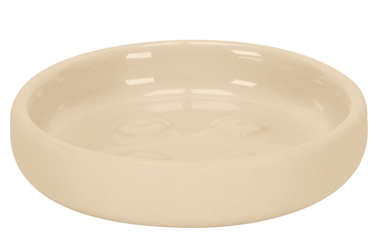 Runde Seifenschale ECLIPSE Sandbeige steht leer vor weißem Hintergrund.