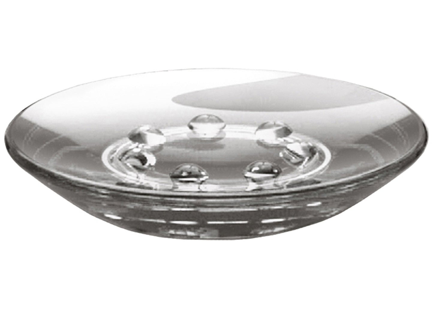 Runde, transparente Seifenschale aus Glas mit erhöhten Noppen innen auf dem Boden