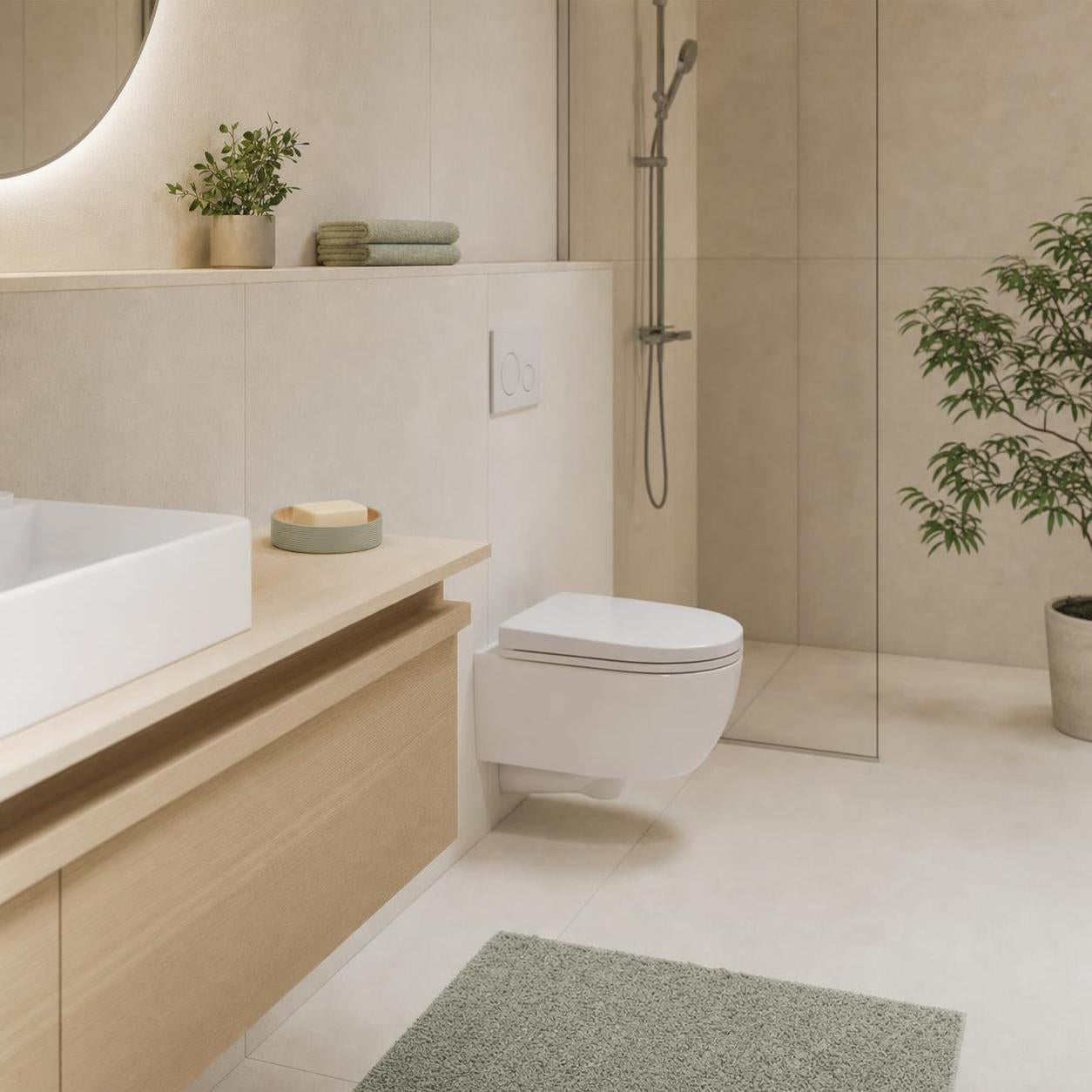 Ein wandhängendes WC steht in einem hellen Bad mit Dusche und Waschtisch.