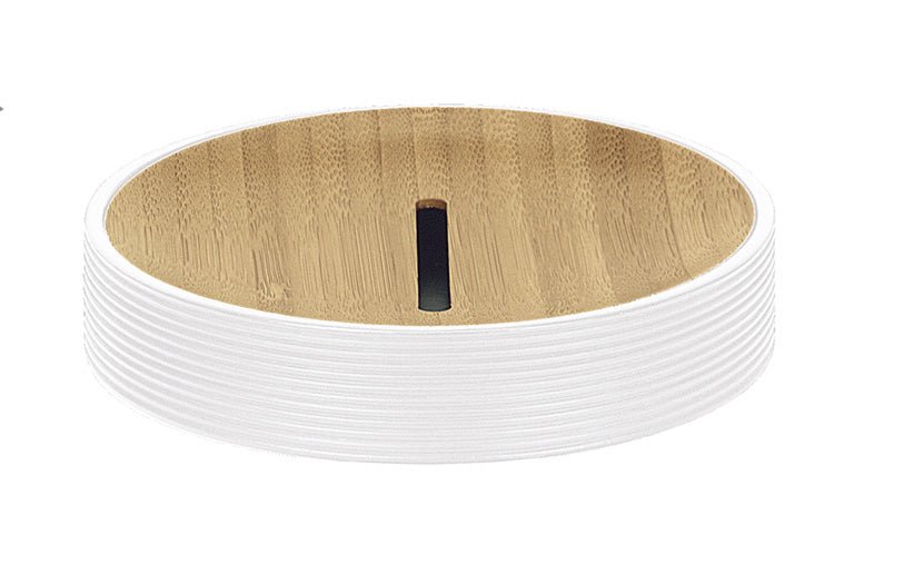 Runde Seifenschale KYOTO Weiß mit Einsatz aus hellem Bambus von oben fotografiert.