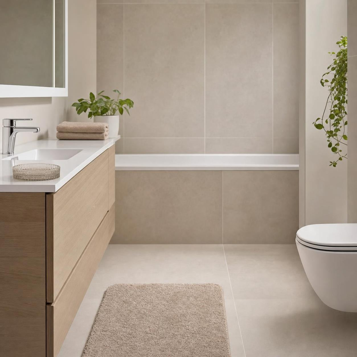 Beige Badematte liegt vor Waschtisch und Badewanne im hellen Bad.