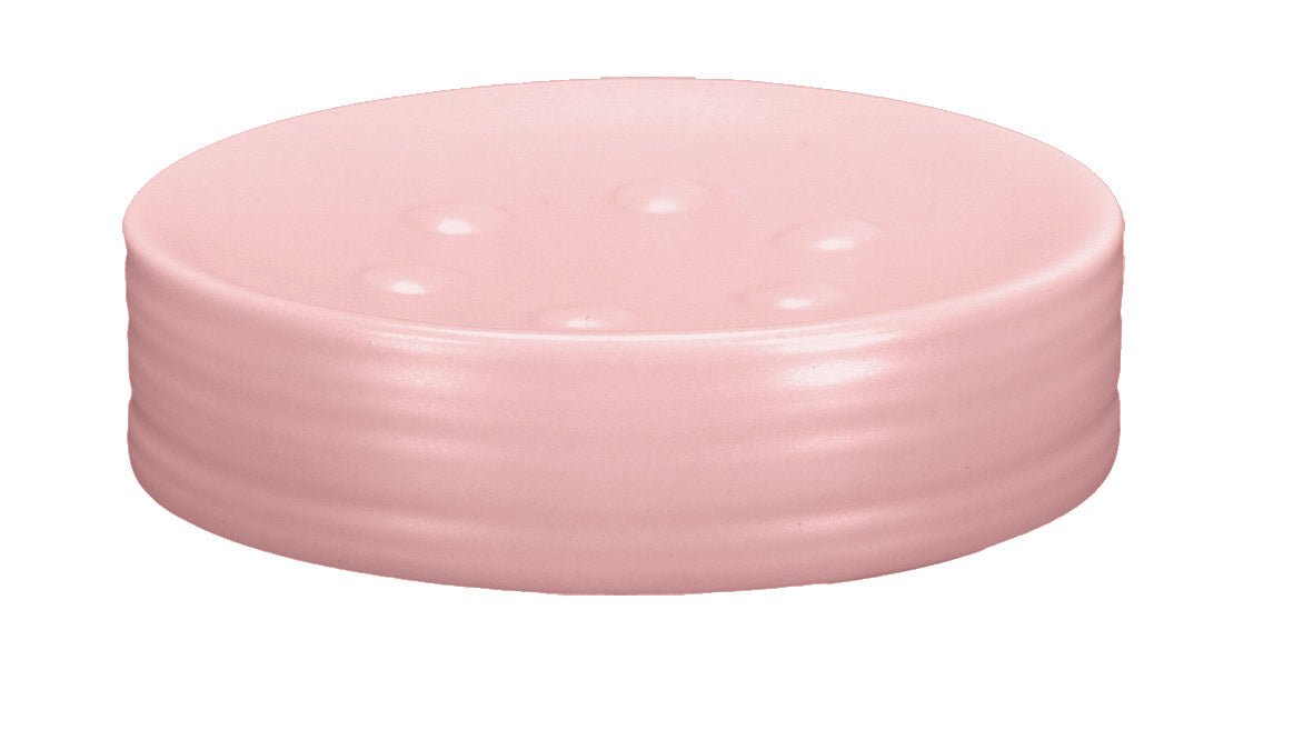Runde rosafarbene Seifenschale aus Keramik mit Noppen im Boden oben