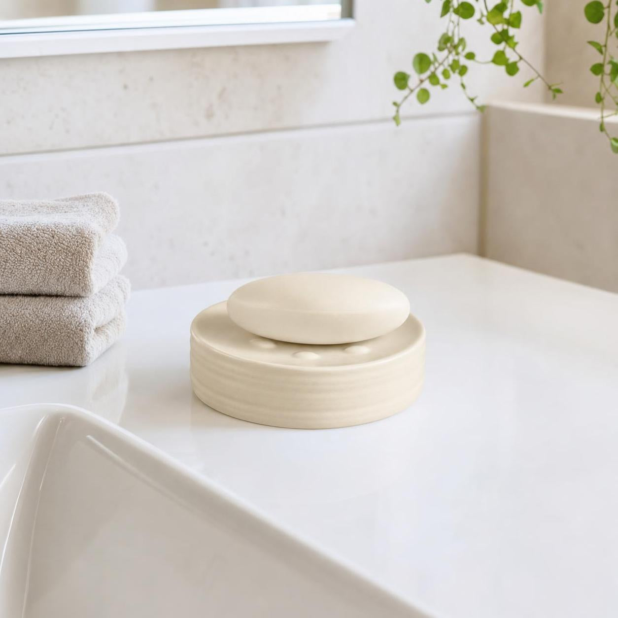 Eine cremefarbene Keramik-Seifenschale mit Seife steht am Wannenrand.