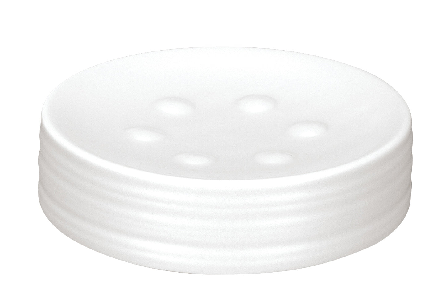 Runde weiße Seifenschale aus Keramik mit Rillen und Ablauföffnungen