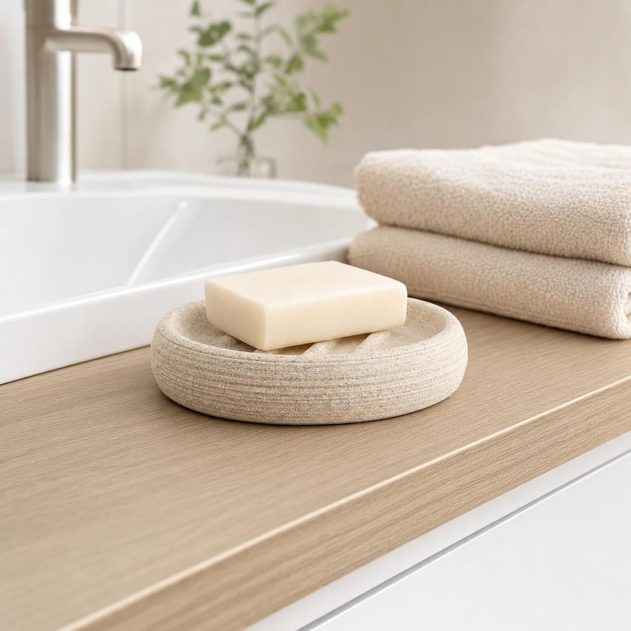 Eine beige Seifenschale mit Seife steht neben Handtüchern am Waschbecken.