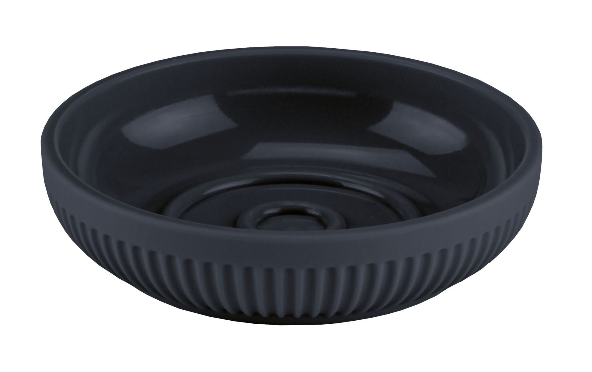 Runde schwarze Seifenschale aus Keramik mit gerilltem Rand außen