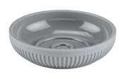 Runde graue Seifenschale aus Keramik mit geriffelter Außenseite unten
