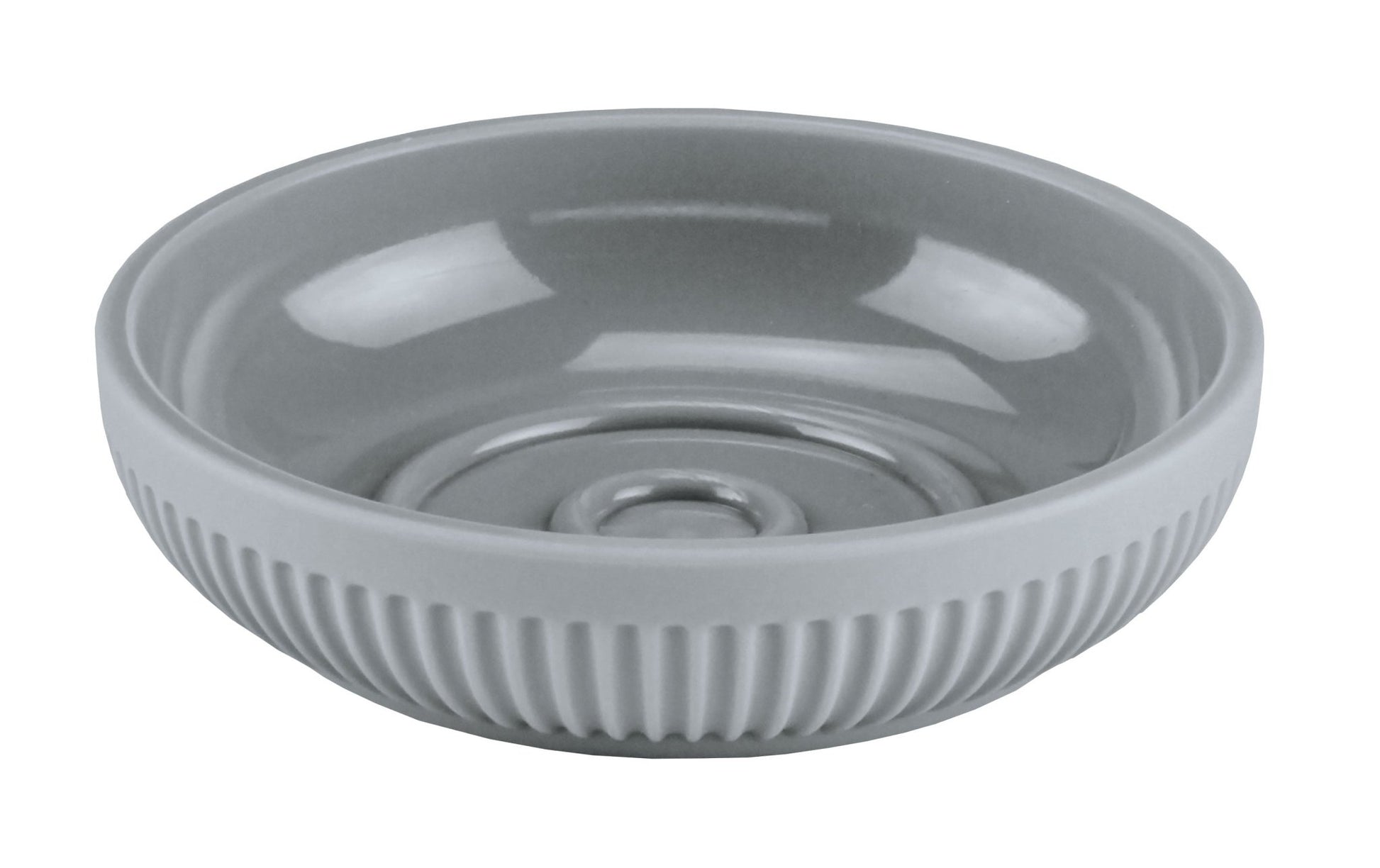 Runde graue Seifenschale aus Keramik mit geriffelter Außenseite unten