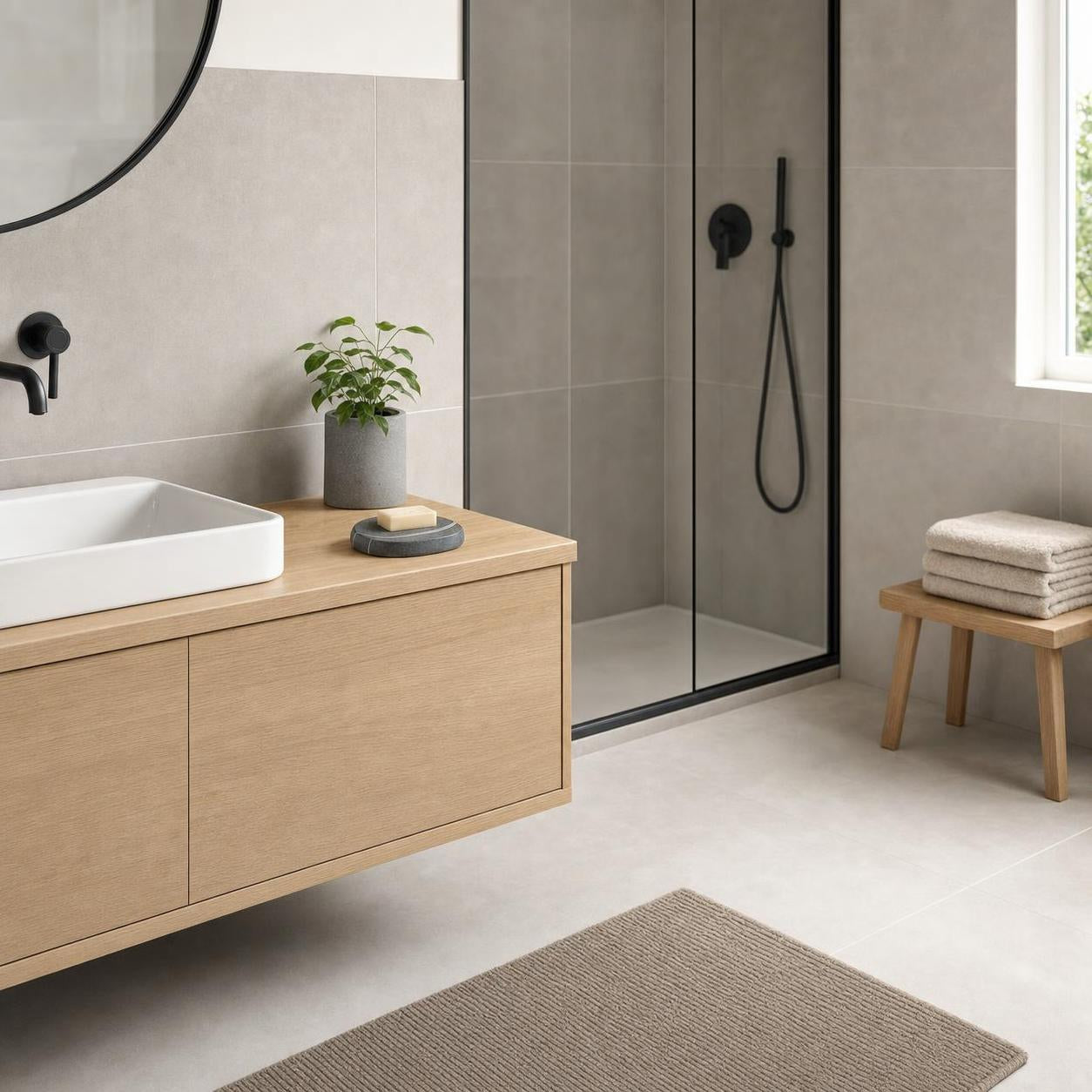 Beige Badematte liegt vor Waschtisch und Dusche im modernen Bad.
