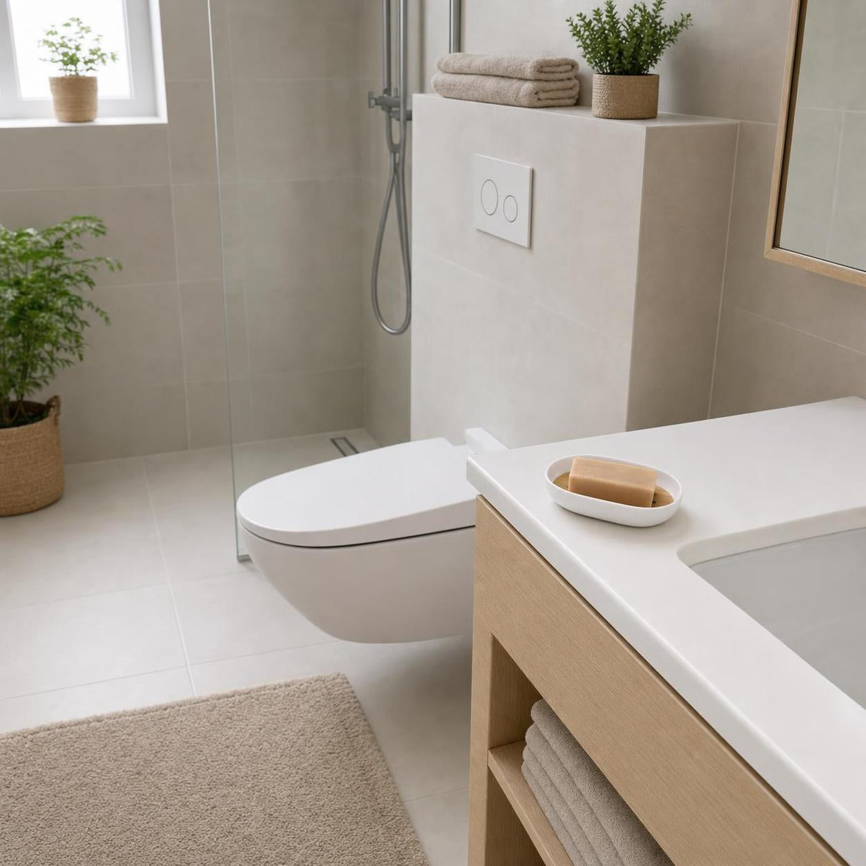 Modernes Bad mit Wand-WC, Dusche und Seife auf dem Waschtisch.