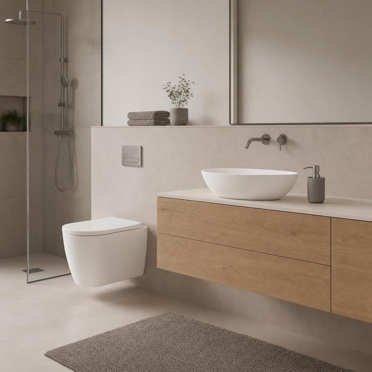 Modernes Bad mit wandhängendem WC, Holzwaschtisch und Dusche.