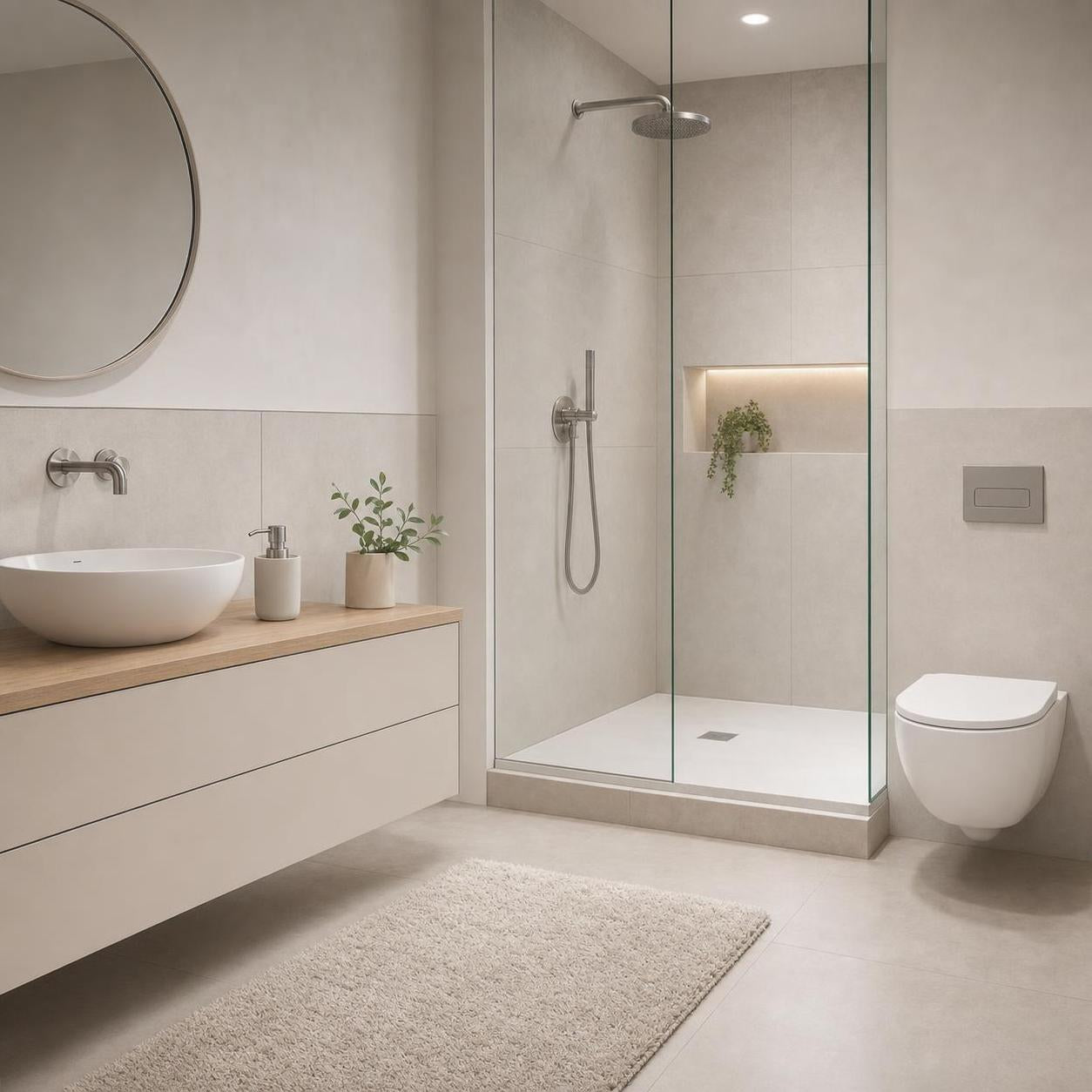 Das moderne Bad zeigt eine Glasdusche, ein Waschbecken und ein WC.