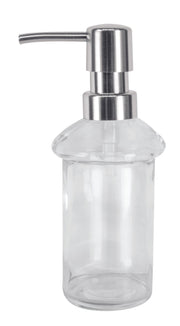 Seifenspender ALLEGRA Clear aus klarem Glas mit Edelstahlpumpe steht freigestellt vor weißem Hintergrund.