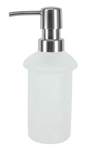 Seifenspender ALLEGRA Milky mit mattem Glasbehälter und Edelstahlpumpe steht freigestellt.