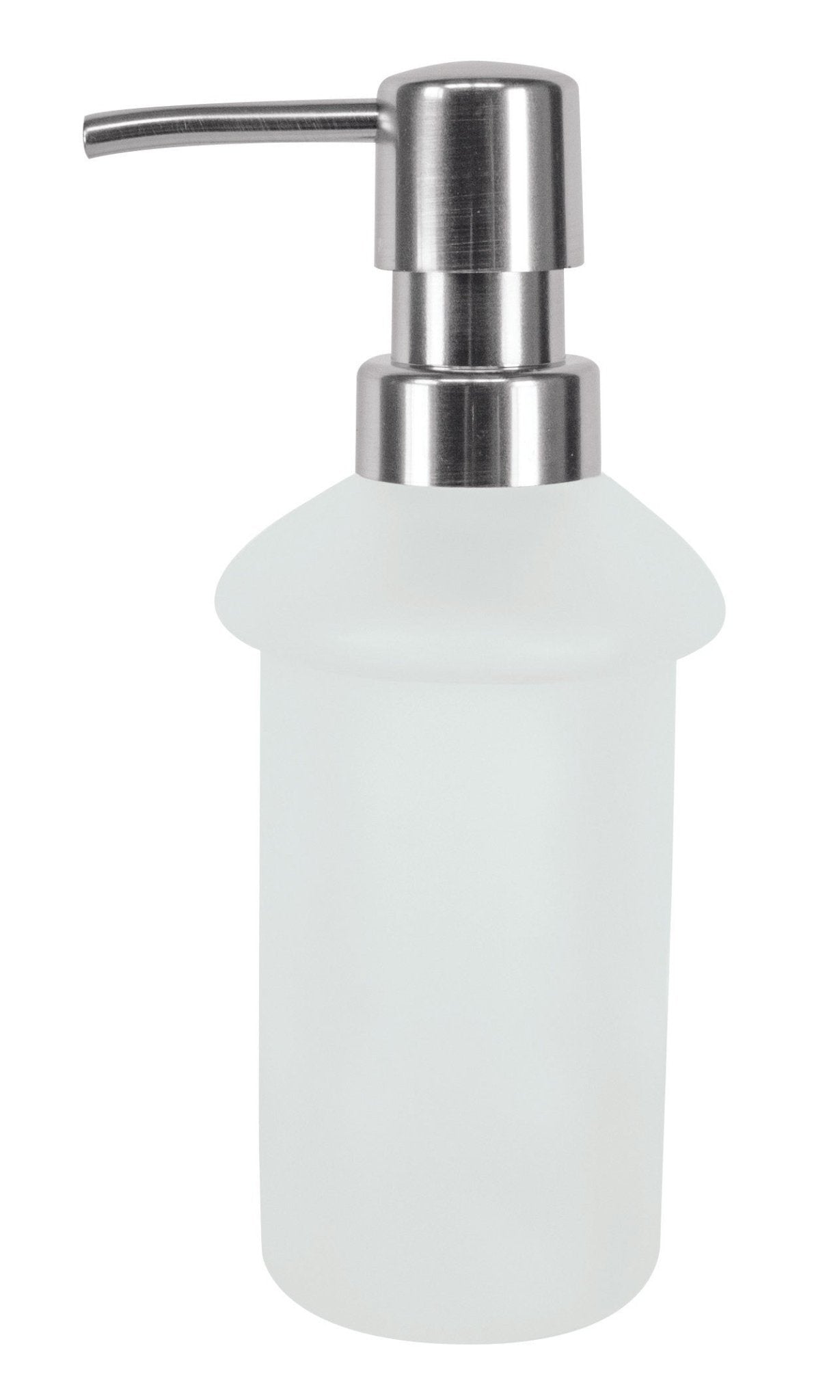 Seifenspender ALLEGRA Milky mit mattem Glasbehälter und Edelstahlpumpe steht freigestellt.