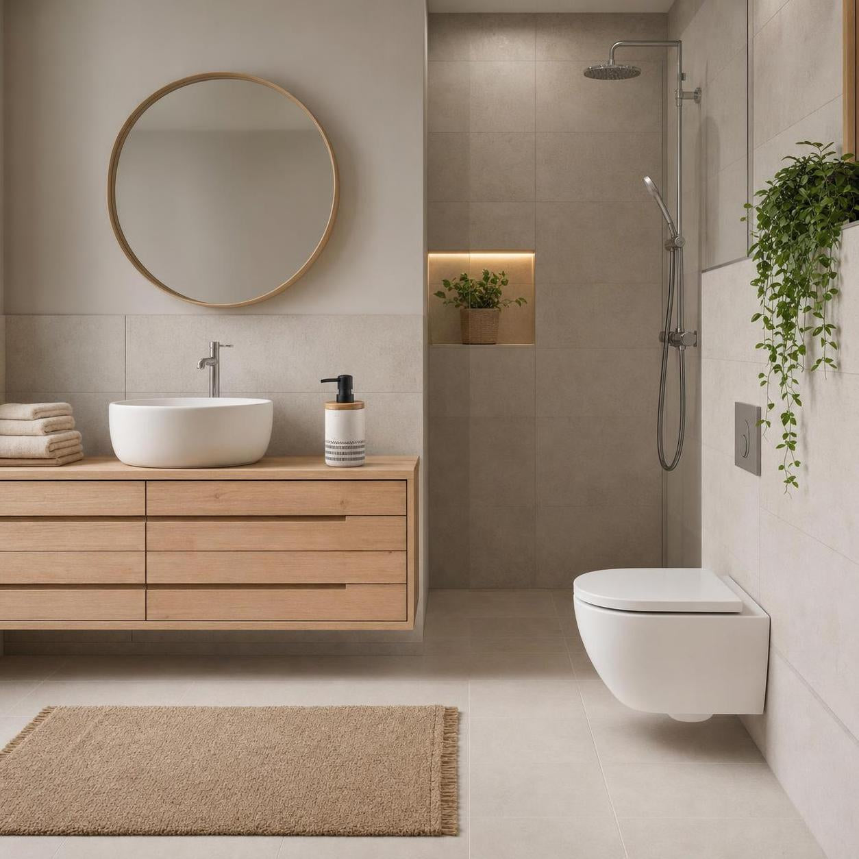 Modernes Bad mit Holzwaschtisch, rundem Spiegel, Dusche und WC.