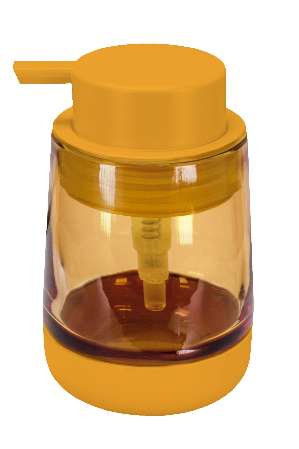 Gelber Seifenspender aus Kunststoff mit transparentem Behälter für Seife